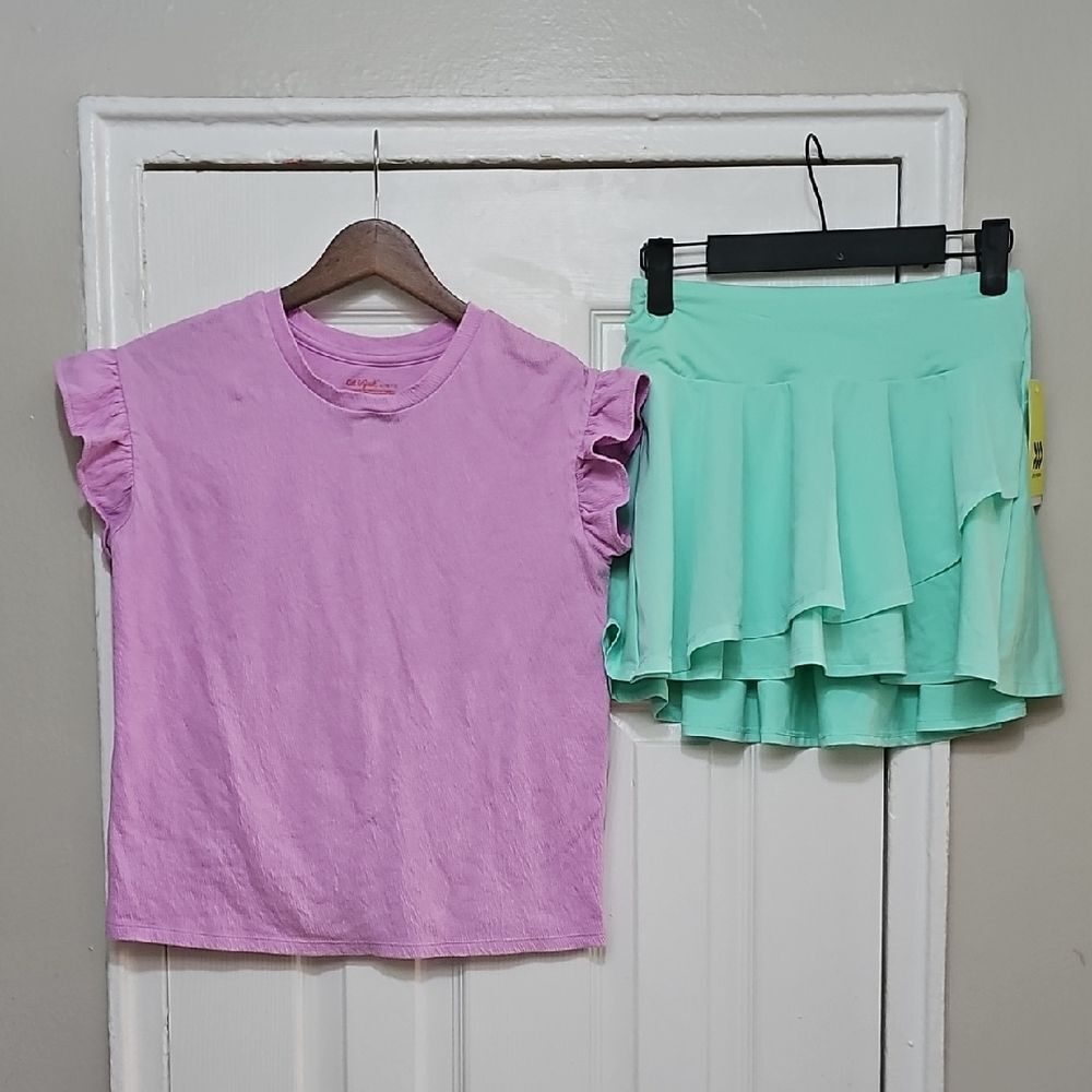 Purple Ruffle Sleeve Top and  Mint Green Layered Skort Bundle Size L(10-12)
